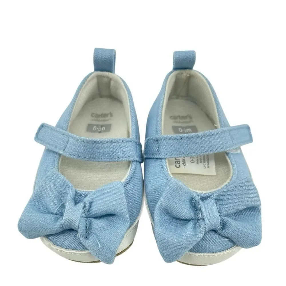 Carter’s Baby Girl Blue Bow Mary Jane Crib Shoes Soft Sole Newborn 0-3M